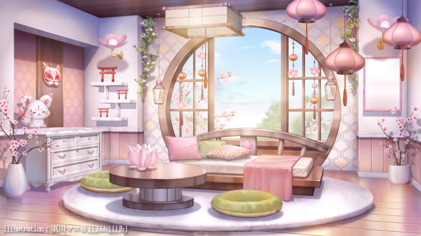 architecture artist_name blanket branch cherry_blossoms clouds couch cushion day drawer east_asian_architecture flower fox_mask highres indie_virtual_youtuber indoors kagura_ura lamp lantern mask mirror no_humans official_art open_window paper_lantern pink_flower plant potted_plant round_window rug scenery shelf shouji sliding_doors stuffed_fox sugawa_mako table tassel themed_object torii unworn_mask vase vines wall_lamp window wooden_floor