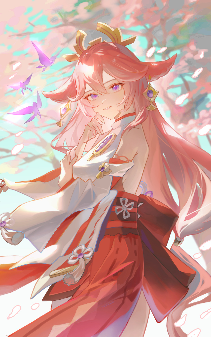 1girl absurdres animal_ears bare_shoulders blue_sky blurry blurry_background blush breasts bug butterfly cherry_blossoms cowboy_shot crystalfly_(genshin_impact) day detached_sleeves dress droopy_ears earrings falling_petals floating_hair flower fox_ears fox_girl genshin_impact glint hair_between_eyes hair_ornament hand_on_own_face hand_up highres japanese_clothes jewelry long_hair looking_at_viewer medium_breasts miko osushi_tabetarou outdoors parted_lips petals pink_flower pink_hair pink_petals purple_butterfly sky sleeveless sleeveless_dress smile solo solo_focus standing tree turtleneck turtleneck_dress violet_eyes wide_sleeves wind yae_miko