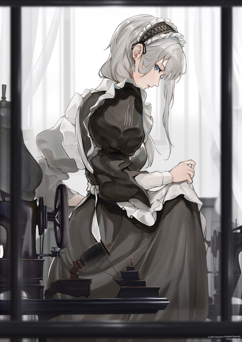 1girl apron apron_lift black_dress blue_eyes clothes_lift commentary_request curtains dress earrings frills from_side grey_hair hair_behind_ear highres jewelry long_hair maid maid_apron maid_day marumoru original puffy_sleeves sewing sewing_machine sewing_pin skirt skirt_lift solo spool thread window