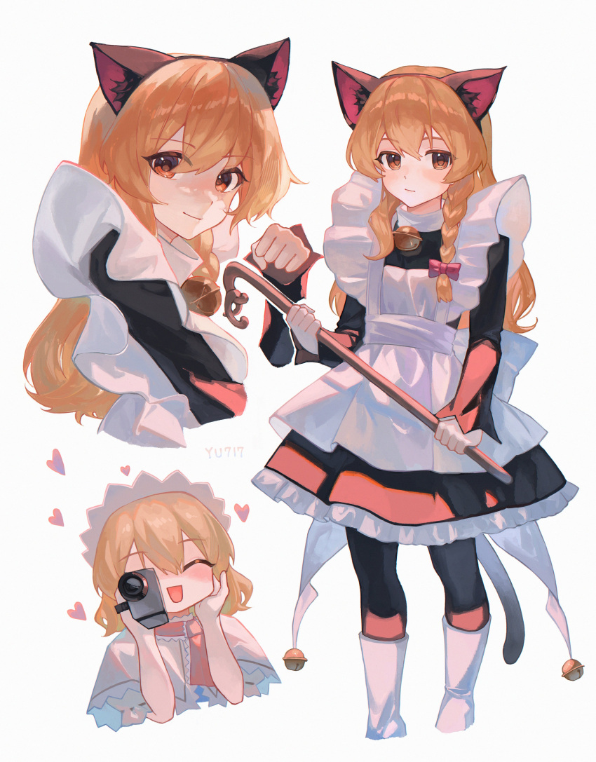 2girls absurdres alice_margatroid alternate_costume animal_ears apron bell black_dress blonde_hair blush bow camera capelet cardcaptor_sakura cat_ears cindy717 closed_eyes closed_mouth commentary_request cosplay dress fake_animal_ears frilled_apron frilled_skirt frills hair_bow heart highres holding holding_camera kinomoto_sakura kinomoto_sakura_(cosplay) kirisame_marisa long_hair long_sleeves multiple_girls neck_bell open_mouth red_bow skirt smile touhou twitter_username video_camera white_capelet