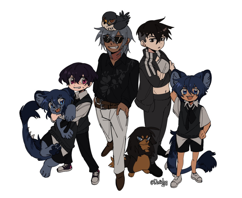 1girl 3boys :3 animal animal_ears animal_on_head animalization arm_behind_head artist_name belt bird black_eyes black_footwear black_hair black_jacket black_pants black_shorts black_sweater_vest blue_eyes child collared_shirt creature crossed_arms dark-skinned_male dark_skin deviidog0 dog english_commentary falcon fangs full_body fur-tipped_tail grey_hair grey_shirt grin hand_on_own_hip hands_in_pockets highres jacket long_sleeves looking_at_viewer multiple_belts multiple_boys on_head open_clothes open_jacket open_mouth original pants parted_lips pink_eyes scar scar_on_face shirt short_hair short_sleeves shorts simple_background smile spiked_tail standing stomach sunglasses sweater_vest tail tomboy twitter_username undercut very_short_hair white_background