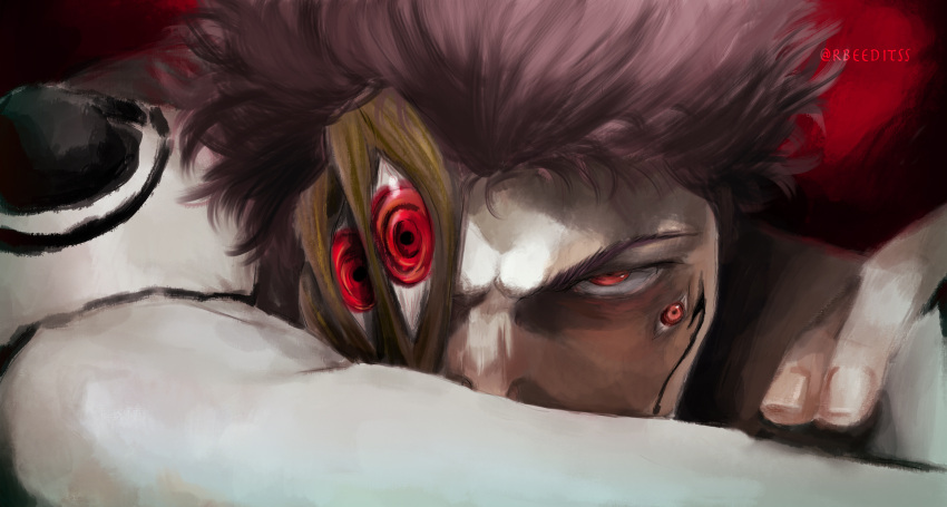 1boy @_(symbol) angry arm_tattoo artist_name close-up extra_eyes facial_tattoo fallen_angel_(painting) fine_art_parody highres jujutsu_kaisen looking_at_viewer parody pink_hair rebsarts red_eyes ryoumen_sukuna_(jujutsu_kaisen) ryoumen_sukuna_(true_form)_(jujutsu_kaisen) short_hair shoulder_tattoo solo tattoo three_quarter_view