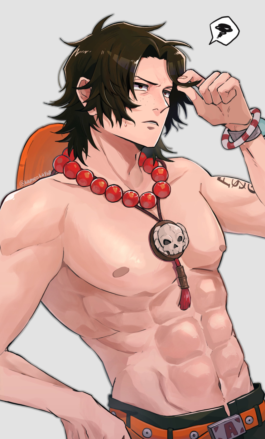 1boy abs absurdres annoyed bead_necklace beads black_hair freckles hat highres jewelry kameoka908 log_pose male_focus muscular muscular_male necklace one_piece orange_hat portgas_d._ace solo tattoo toned toned_male topless_male upper_body v-shaped_eyebrows