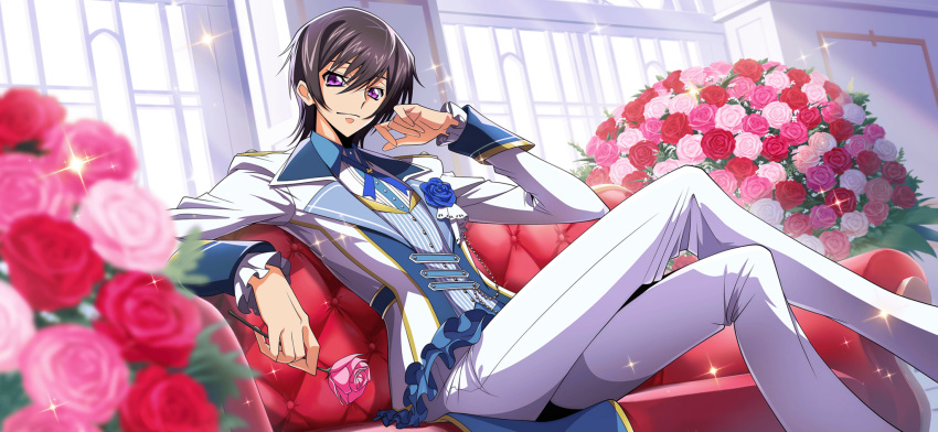 1boy artist_request black_hair blue_flower blue_ribbon blue_rose blue_vest blurry blurry_background bouquet buttons closed_mouth code_geass code_geass:_lost_stories collared_shirt couch crossed_legs flower formal game_cg hair_between_eyes hand_up happy highres holding holding_flower indoors jacket leaning_back legs lelouch_vi_britannia long_legs long_sleeves looking_at_viewer male_focus neck_ribbon non-web_source official_art on_couch pants pink_flower pink_rose pinstripe_pattern pinstripe_vest red_flower red_rose ribbon rose shirt short_hair sidelocks sitting smile solo sparkle tailcoat vest violet_eyes white_jacket white_pants white_shirt window