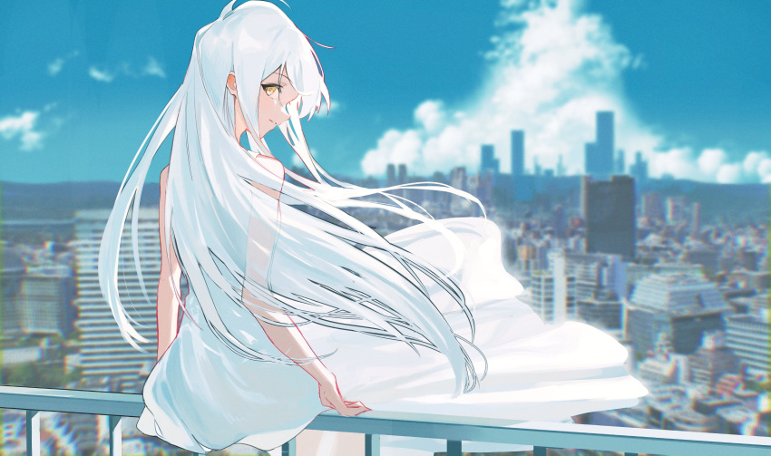 1girl absurdres bare_shoulders blue_sky cityscape clouds day dress floating_hair highres kurobeko_(kur0bek0) light_smile long_hair looking_at_viewer original outdoors parted_lips profile railing sideways_glance sitting sky solo white_dress white_hair wind yellow_eyes