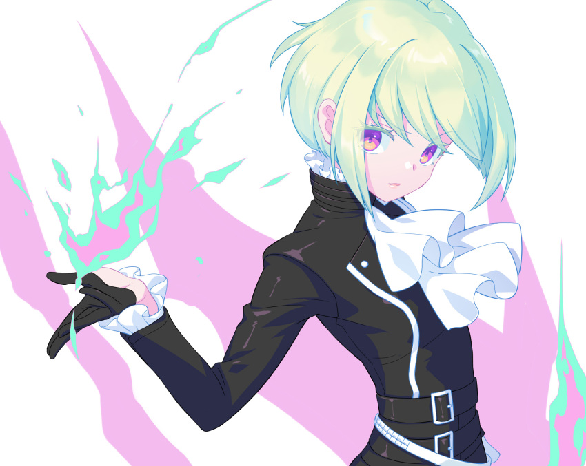 1boy androgynous ascot black_gloves black_jacket fire gloves green_hair half_gloves highres jacket lio_fotia looking_to_the_side male_focus promare pyrokinesis shikimiorange short_hair simple_background solo upper_body violet_eyes white_ascot