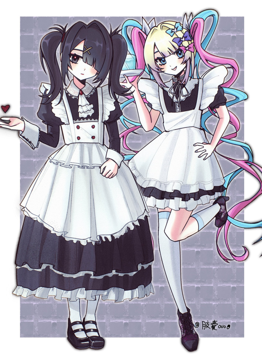 2girls alternate_costume ame-chan_(needy_girl_overdose) apron black_dress black_footwear black_hair blonde_hair blue_bow blue_eyes blue_hair border bow chinese_commentary chouzetsusaikawa_tenshi-chan closed_mouth collared_dress commentary_request dress enmaided frilled_apron frilled_dress frills full_body grey_background hair_bow hair_ornament hair_over_one_eye hand_on_own_hip hand_up highres holding holding_tray jiaonang juliet_sleeves long_hair long_sleeves looking_at_viewer maid mary_janes multicolored_hair multiple_girls needy_girl_overdose open_mouth pink_bow pink_hair puffy_sleeves purple_bow quad_tails shoes smile standing standing_on_one_leg thigh-highs tray twintails very_long_hair white_apron white_border white_thighhighs x_hair_ornament