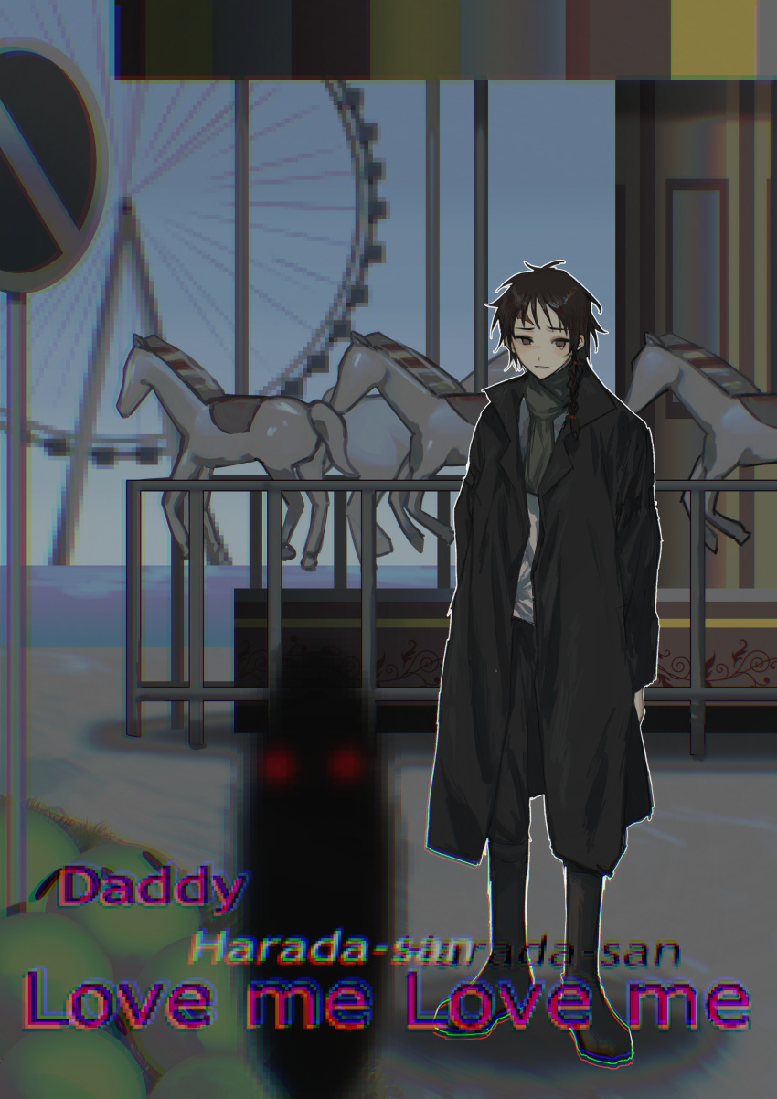 1boy absurdres black_coat black_footwear black_pants boots braid brown_hair carousel chinese_commentary closed_mouth coat commentary_request english_text full_body green_scarf grey_shirt harada_minoru highres kyoko_(akakikyoko) male_focus open_clothes open_coat outline pants red_eyes saibou_shinkyoku scar scar_on_face scar_on_forehead scarf shirt side_braid single_braid single_tear solo white_outline