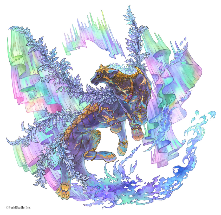 7nin_no_kenja_to_renkinjutsushi animal_focus anklet aurora black_panther blue_fire bracelet company_name fire full_body growing_out_of_body highres jewelry leaf material_growth monster multiple_legs neck_ring no_humans official_art pawpads purple_nails sakaya313 solo yellow_eyes