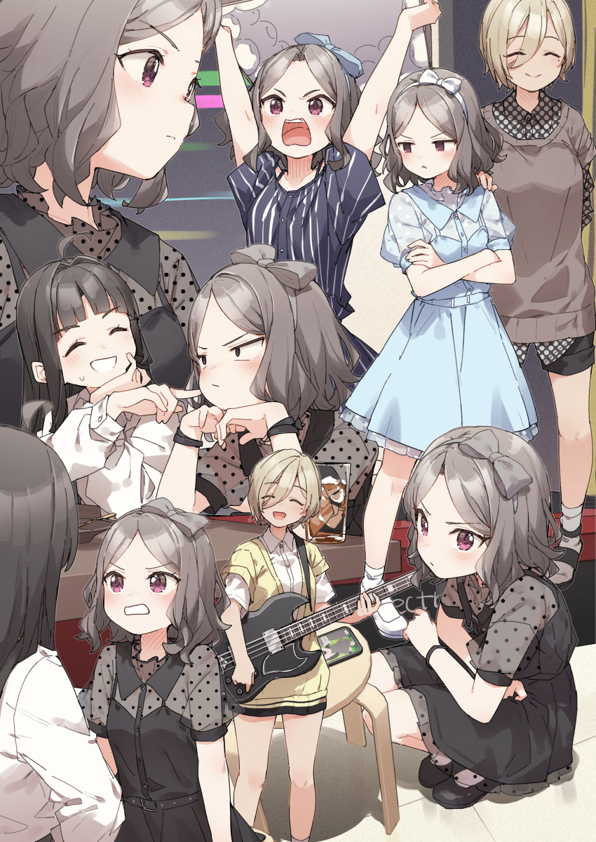 3girls :/ ^_^ absurdres ahoge angry arms_up awa_subaru bass_guitar black_dress black_footwear black_hair black_shorts blue_dress blue_shirt blush bow bow_hairband brown_hair cheek_poking closed_eyes closed_mouth collared_dress commentary_request crossed_arms cup dress drinking_glass ebizuka_tomo electric_guitar girls_band_cry guitar hairband highres instrument mole mole_under_eye multiple_girls multiple_views music open_mouth playing_instrument poking polka_dot puffy_short_sleeves puffy_sleeves rupa_(girls_band_cry) shirt short_sleeves shorts smile socks squatting standing striped_clothes striped_shirt v-shaped_eyebrows vertical-striped_clothes vertical-striped_shirt white_bow white_footwear white_socks yukie_(kusaka_shi)