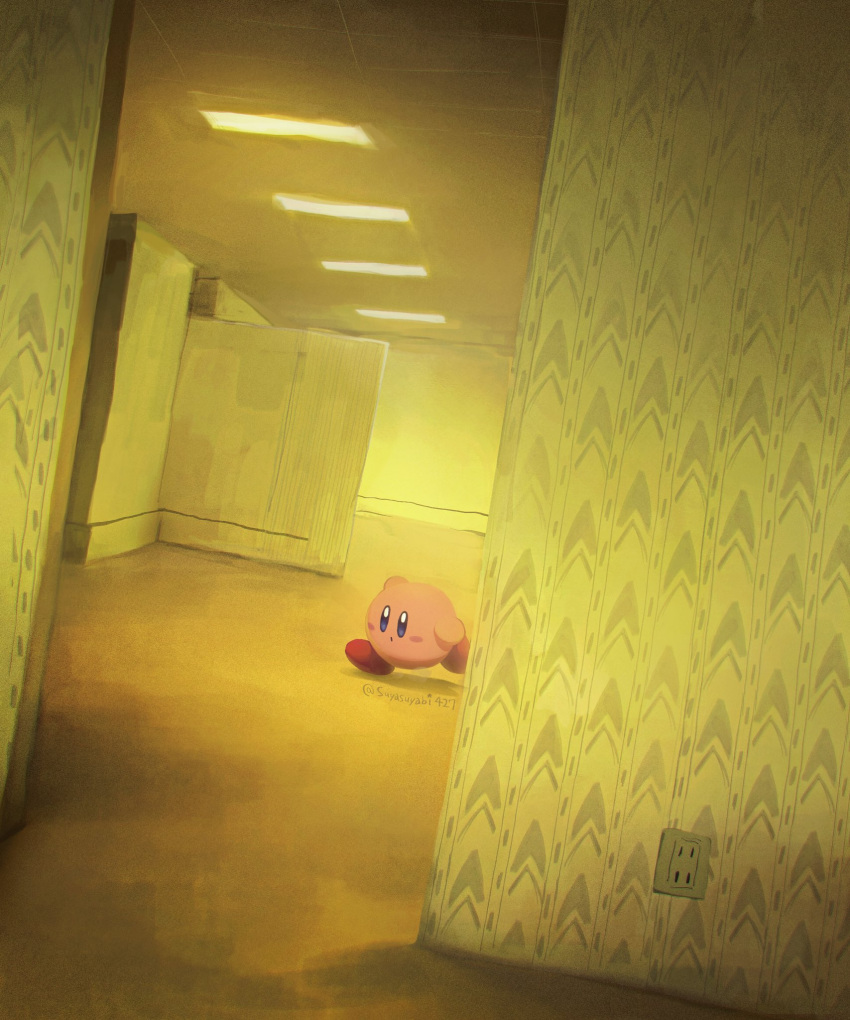:o artist_name backrooms_(creepypasta) blue_eyes blush blush_stickers ceiling_light closed_mouth electrical_outlet highres indoors kirby kirby_(series) no_humans running solo suyasuyabi twitter_username