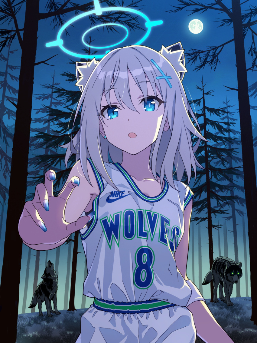 1girl alternate_costume animal_ear_fluff animal_ears basketball_jersey basketball_uniform blue_archive blue_eyes earrings extra_ears fingernails forest full_moon grey_hair halo highres jewelry looking_at_viewer minnesota_timberwolves moon name_connection national_basketball_association nature night night_sky nike_(company) sharp_fingernails shiroko_(blue_archive) single_earring sky sportswear wolf wolf_ears wolf_girl yazawa_happyaro