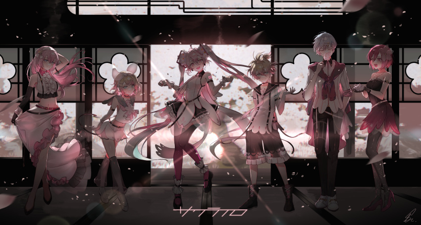 2boys 4girls arm_up backlighting black_thighhighs blonde_hair blue_eyes blue_hair blush bow cherry_blossoms commentary_request dress flower full_body gradient_hair hair_bow happy hatsune_miku high_heels highres indoors kagamine_len kagamine_rin kaito_(vocaloid) long_hair long_skirt megurine_luka meiko_(vocaloid) multicolored_hair multiple_boys multiple_girls open_mouth pants pink_flower pink_hair saihate_(d3) short_hair shorts side_slit signature skirt smile standing thigh-highs tree twintails two-tone_hair very_long_hair vocaloid