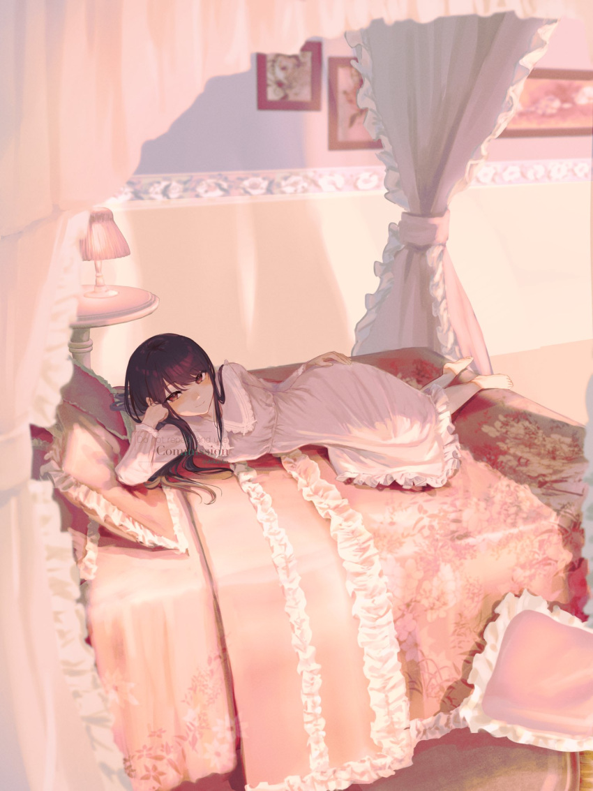 1girl bed blurry blurry_background brown_eyes brown_hair commission dekalco eyebrows_hidden_by_hair full_body head_rest highres lamp lying nightgown nightstand on_side original pillow pink_nightgown portrait_(object) solo