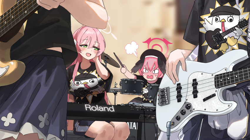 &lt;|&gt;_&lt;|&gt; 4girls absurdres azusa_(blue_archive) black_hat black_shirt black_shorts black_skirt blue_archive blurry blurry_background blush drum drum_set drumsticks green_eyes guitar halo hanako_(blue_archive) hat head_wings hifumi_(blue_archive) highres holding holding_drumsticks holding_instrument instrument keyboard_(instrument) koharu_(blue_archive) long_hair looking_at_another mo_ne multiple_girls music open_mouth peroro_(blue_archive) pink_hair playing_instrument puff_of_air red_halo shirt short_sleeves shorts sitting skirt t-shirt wings