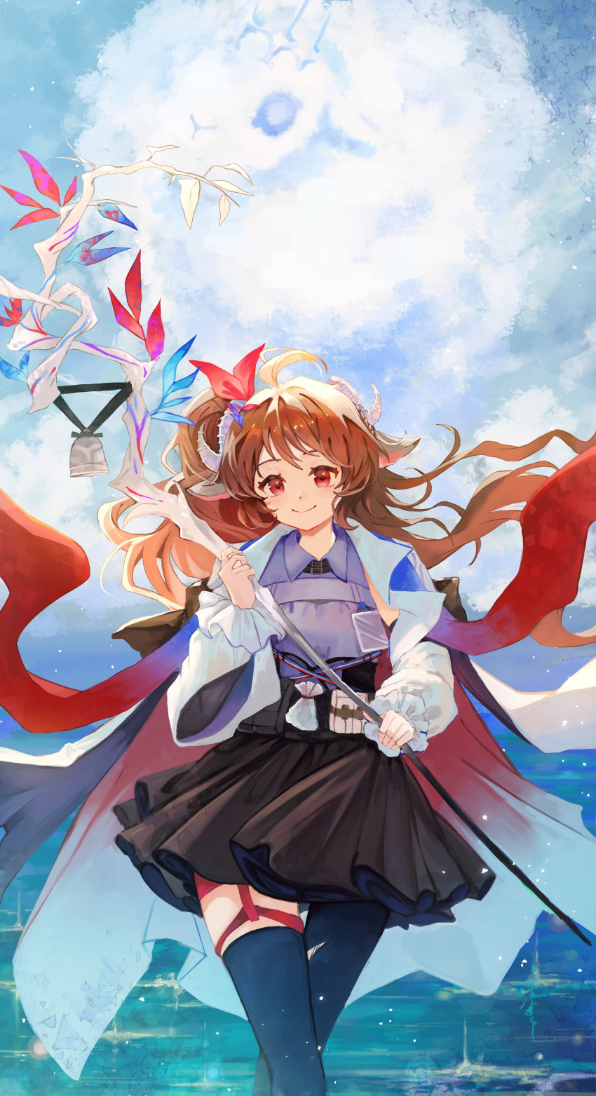 1girl absurdres animal_ears arknights bell black_skirt black_thighhighs blue_sky brown_hair closed_mouth clouds collared_shirt commentary_request day eyjafjalla_(arknights) eyjafjalla_the_hvit_aska_(arknights) floating_hair haru_torimaru highres holding holding_staff horns jacket long_hair long_sleeves open_clothes open_jacket outdoors pantyhose pleated_skirt puffy_long_sleeves puffy_sleeves purple_shirt red_eyes sheep_ears sheep_girl sheep_horns shirt single_leg_pantyhose skirt sky smile solo staff standing thigh-highs torn_clothes torn_pantyhose very_long_hair water white_jacket