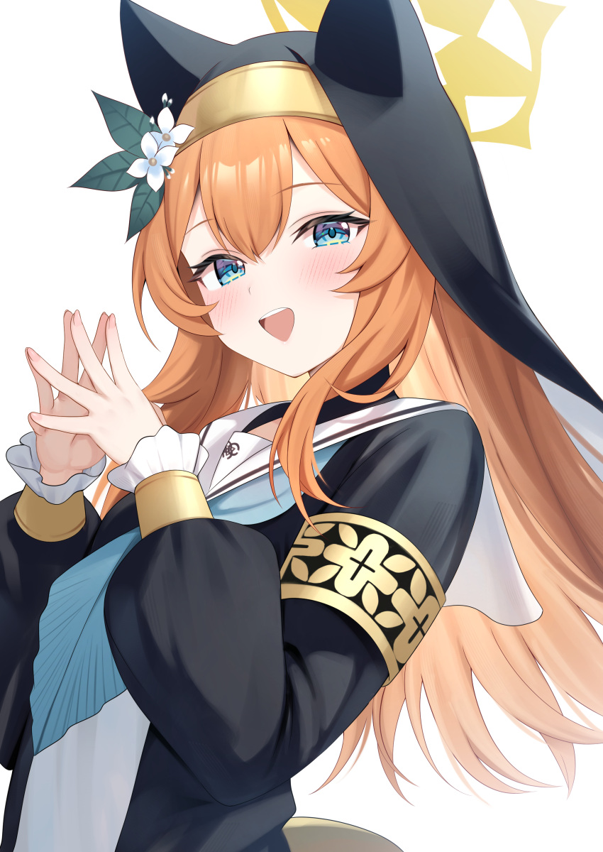 1girl absurdres animal_ear_headwear blue_archive blue_eyes blush fingernails flower hair_between_eyes hair_flower hair_ornament halo highres long_hair long_sleeves looking_at_viewer mari_(blue_archive) nun open_mouth orange_hair own_hands_together rei_(ilust9999) simple_background smile white_background white_flower