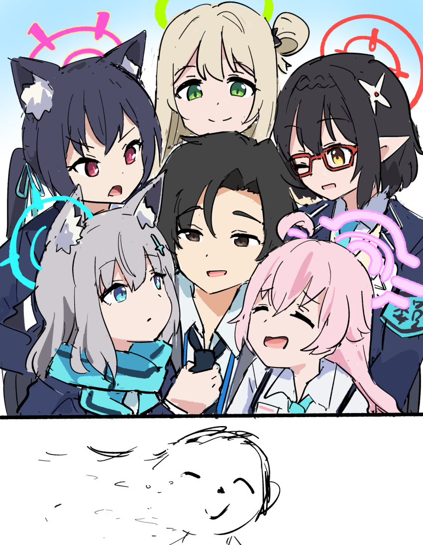 1boy 5girls animal_ear_fluff armband ayane_(blue_archive) black_hair black_necktie blue_archive blue_armband blue_eyes blue_halo blue_necktie blue_ribbon blue_scarf brown_eyes brown_hair closed_eyes collared_shirt commentary_request doodle_sensei_(blue_archive) glasses green_eyes green_halo grey_hair hair_between_eyes hair_ribbon halo highres hoshino_(blue_archive) light_brown_hair long_hair long_sleeves multiple_girls necktie nonomi_(blue_archive) one_eye_closed open_mouth pink_hair pink_halo red-framed_eyewear red_eyes red_halo ribbon scarf school_uniform sensei_(blue_archive) sensei_(blue_archive_the_animation) serika_(blue_archive) shiroko_(blue_archive) shirt smile tenten_(chan4545) upper_body white_shirt yellow_eyes