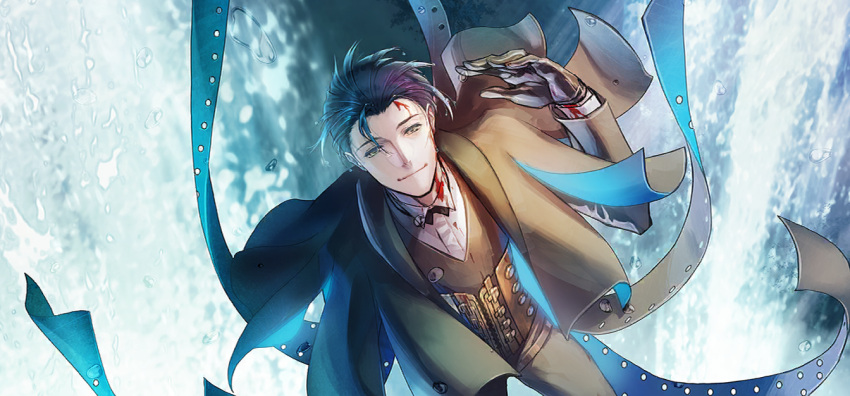 1boy black_hair bow bowtie falling fate/grand_order fate_(series) game_cg gloves green_eyes hair_slicked_back jacket long_sleeves looking_at_viewer male_focus official_art sherlock_holmes_(fate) shirt short_hair smile solo suit water yamanaka_kotetsu
