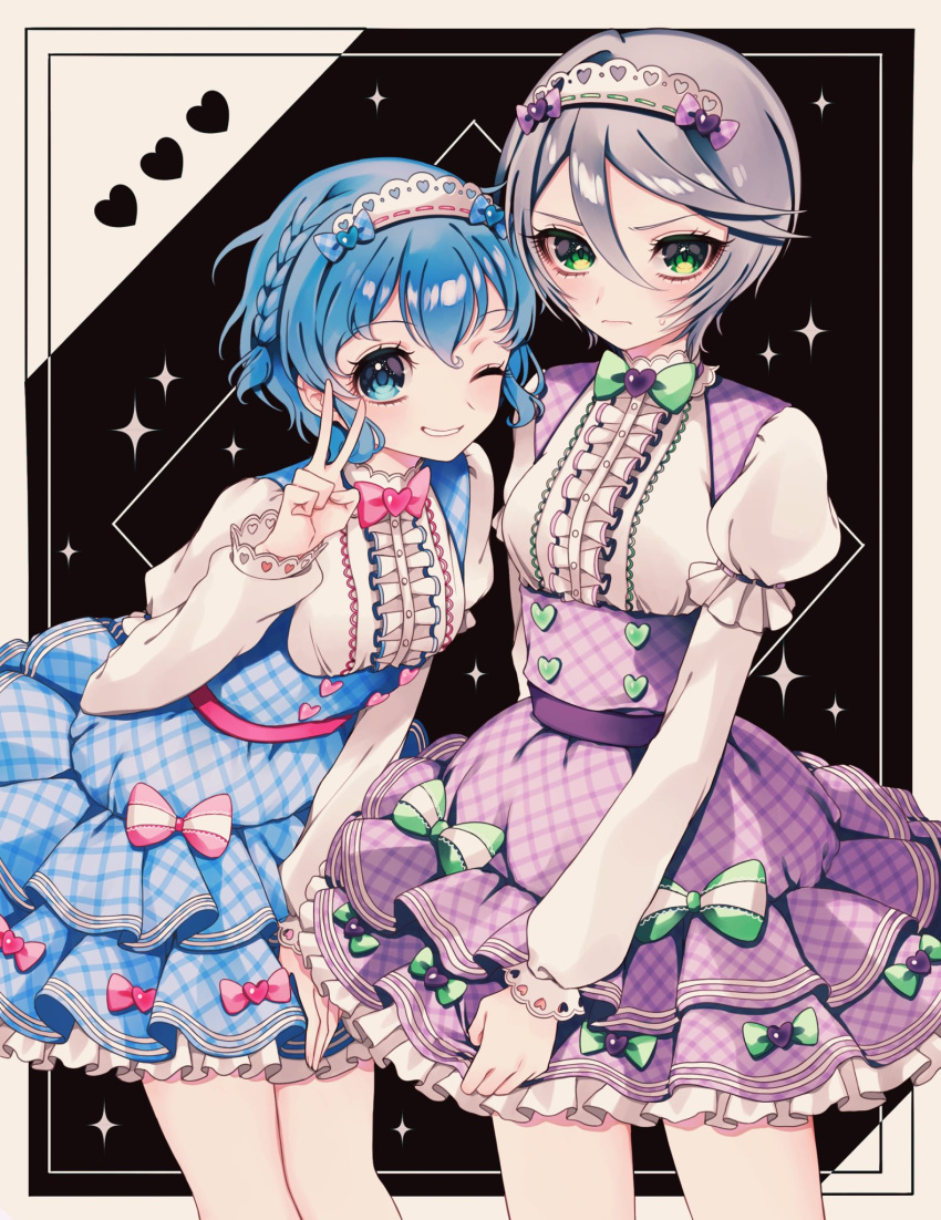 2girls ao_(ao0_0nemu) bad_id bad_twitter_id black_background blue_dress blue_eyes blue_hair border braid breasts center_frills closed_mouth commentary_request cowboy_shot dorothy_west dress frilled_skirt frills green_eyes grey_hair grin hair_between_eyes hand_up heart highres idol_clothes long_sleeves looking_at_viewer maid_headdress multiple_girls one_eye_closed open_mouth pretty_series pripara puffy_sleeves purple_dress shikyoin_hibiki shirt short_hair side_braid skirt small_breasts smile standing v white_border white_shirt