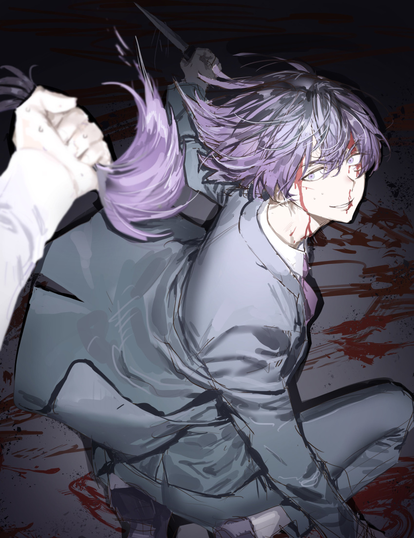 1boy absurdres battle blood blood_on_face blood_on_neck blood_trail blue_jacket blue_suit chamuring cutting_hair dark dress fighting_stance grin haitani_rindou hand_on_floor highres holding holding_knife jacket knife looking_at_another looking_at_hand male_focus multicolored_hair necktie nosebleed pov pov_hands purple_dress purple_hair purple_necktie shirt smile spotlight squatting suit tokyo_revengers two-tone_hair violet_eyes white_shirt wind wolf_cut