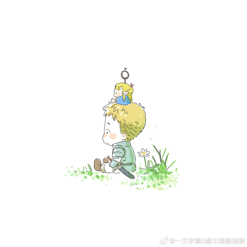 1boy 1girl armor blonde_hair boots braid brown_footwear chibi closed_mouth dungeon_meshi elf flower full_body grass highres laios_touden long_hair looking_to_the_side marcille_donato mingdamitang mini_person minigirl on_head pointy_ears sheath sheathed short_hair simple_background sitting sitting_on_head sitting_on_person smile staff sword twin_braids very_short_hair weapon white_background white_flower