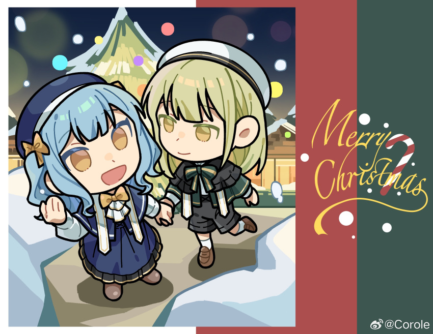 2girls bang_dream! bang_dream!_it's_mygo!!!!! black_capelet black_shorts blue_capelet blue_dress blue_hair blue_hat bow brown_footwear capelet chinese_commentary christmas christmas_tree commentary_request dress english_commentary english_text green_hair hair_bow hat highres holding_hands long_hair looking_at_another merry_christmas mixed-language_commentary multiple_girls open_mouth outdoors shorts smile snow snowing standing togawa_sakiko two_side_up wakaba_mutsumi walking weibo_watermark white_hair yellow_bow yellow_eyes yui_k_(yuik48074789)