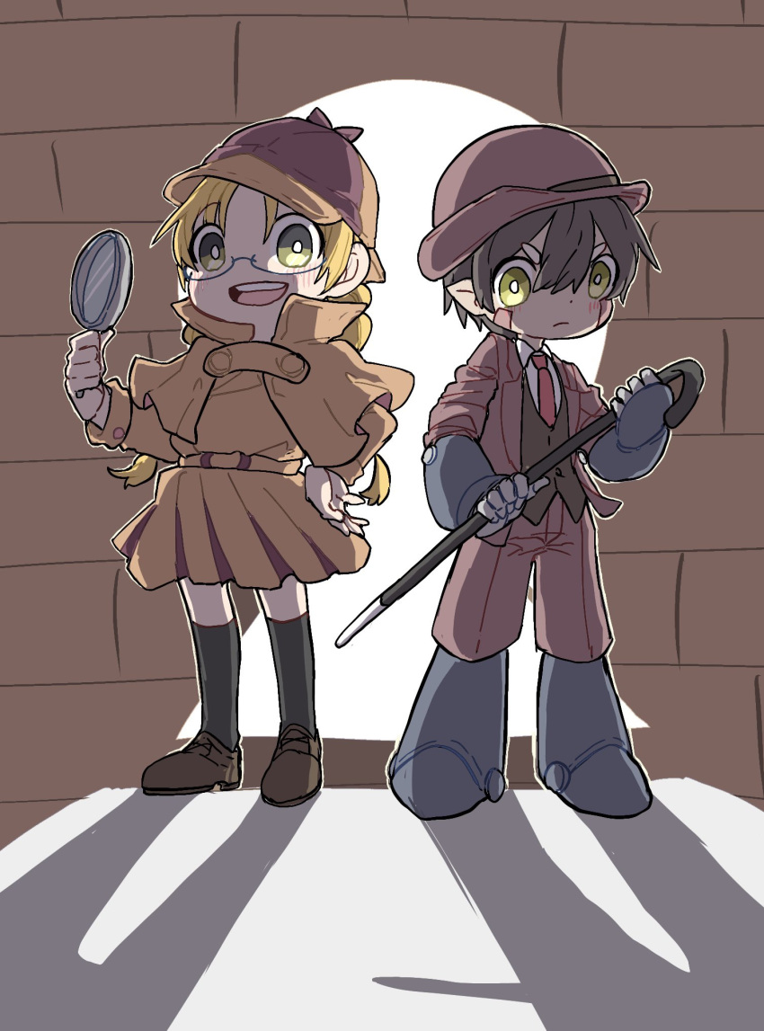 1boy 1girl :d :| android black_socks blonde_hair blush brick_wall brown_footwear brown_hair cane child closed_mouth coat commentary_request cosplay detective facial_mark facial_tattoo formal full_body green_eyes hair_between_eyes hat highres holding holding_cane holding_magnifying_glass looking_at_viewer made_in_abyss magnifying_glass mechanical_arms mechanical_hands mechanical_legs mochi_mori necktie open_mouth over-kneehighs pants pointy_ears regu_(made_in_abyss) riko_(made_in_abyss) robot shadow simple_background smile socks spotlight standing tattoo teeth thigh-highs trench_coat upper_teeth_only v-shaped_eyebrows