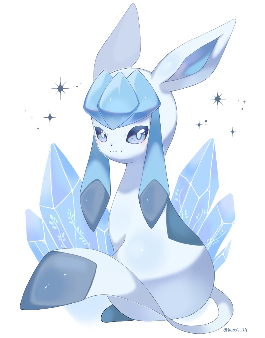 animal_focus artist_name blue_eyes blue_skin closed_mouth colored_skin commentary glaceon highres ice iwasi_29 looking_at_viewer no_humans pokemon pokemon_(creature) simple_background sitting smile sparkle symbol-only_commentary tail twitter_username white_background