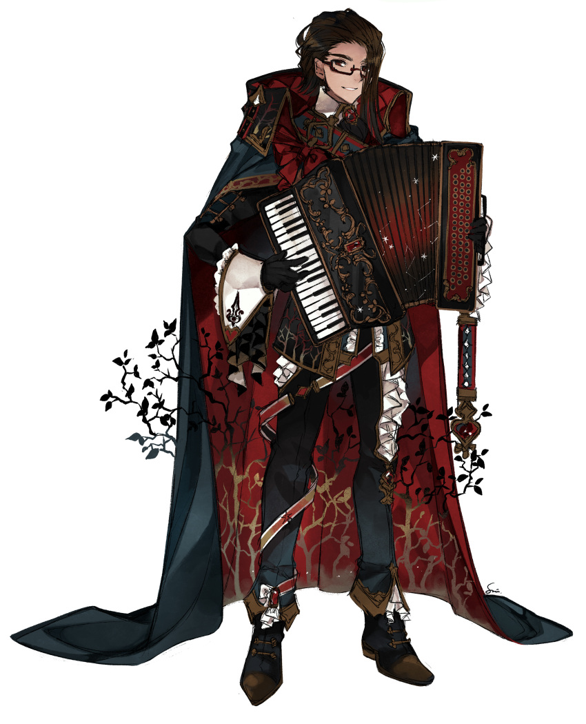1boy absurdres accordion black_cape black_footwear black_gloves black_pants bow brown_hair cape gloves grin highres holding holding_instrument instrument legs_apart long_hair long_sleeves male_focus original pants red-framed_eyewear red_bow red_cape red_eyes semi-rimless_eyewear shoes simple_background sleeve_cuffs smile solo standing sumisu_(rinsumi) two-sided_fabric two-tone_cape under-rim_eyewear white_background