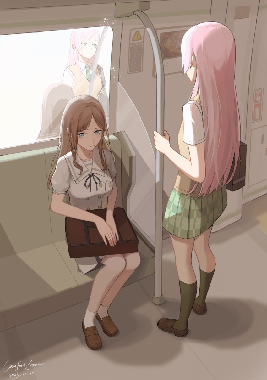 2girls absurdres artist_name bag bang_dream! bang_dream!_it's_mygo!!!!! black_footwear blue_eyes blue_ribbon breasts brown_bag brown_footwear brown_hair brown_sweater_vest chihaya_anon chinese_commentary closed_mouth comfort_zoner commentary_request dated green_skirt green_socks haneoka_school_uniform highres kneehighs loafers long_hair medium_breasts multiple_girls nagasaki_soyo neck_ribbon pink_hair plaid plaid_skirt pleated_skirt puffy_short_sleeves puffy_sleeves reflection ribbon sailor_collar school_bag school_uniform serafuku shirt shoes short_sleeves shoulder_bag sidelocks sitting skirt small_breasts socks standing sweater_vest train_interior tsukinomori_school_uniform white_sailor_collar white_serafuku white_shirt white_skirt white_socks