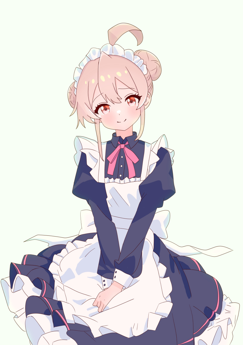 1girl absurdres ahoge alternate_costume apron commentary dot_nose double_bun enmaided hair_between_eyes hair_bun hair_up highres juliet_sleeves light_blush long_sleeves looking_at_viewer maid maid_headdress onii-chan_wa_oshimai! oyama_mahiro pa_panahana pink_hair puffy_sleeves red_eyes simple_background sitting smile solo v_arms white_apron yellow_background