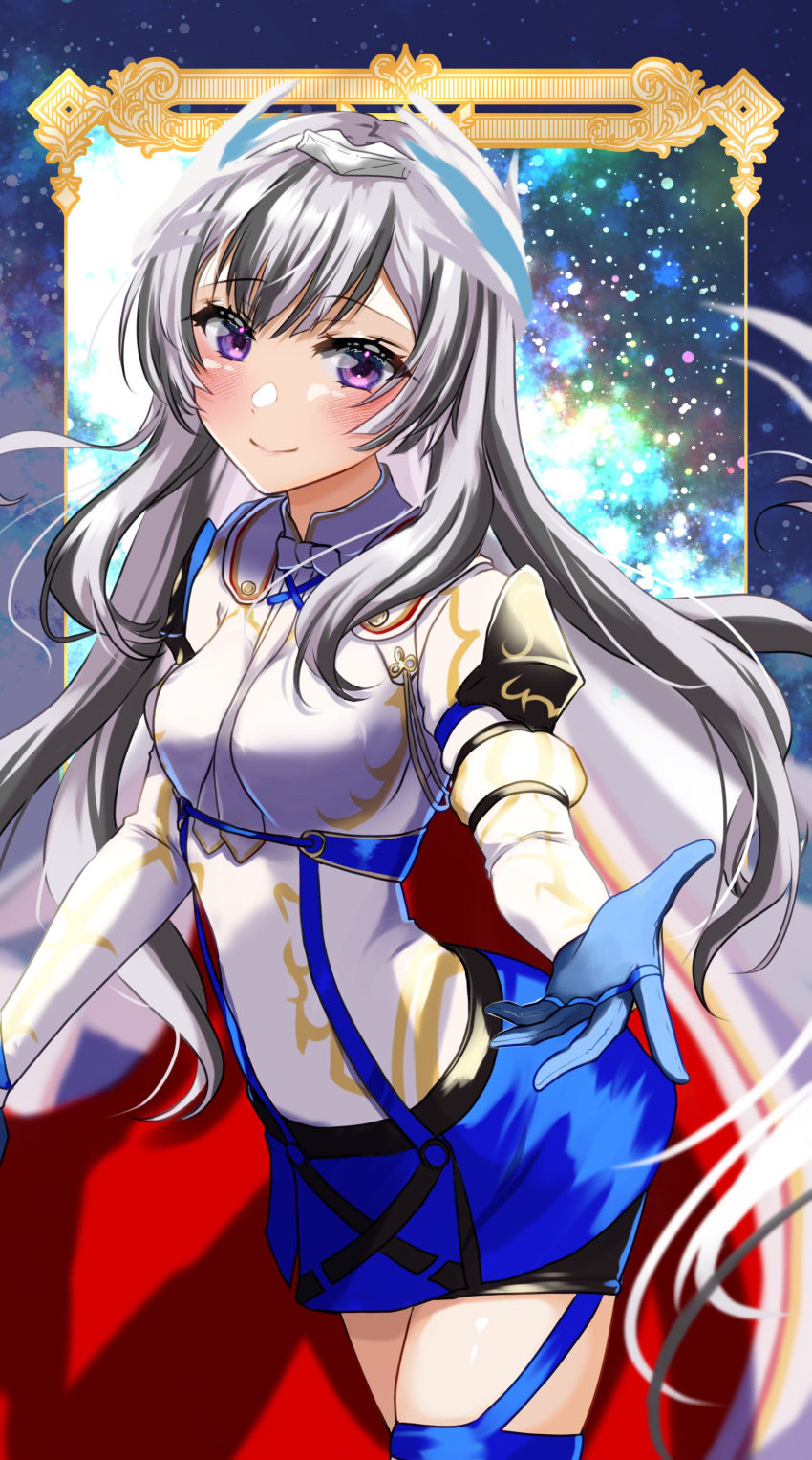 1girl absurdres alear_(female)_(fire_emblem) alear_(female)_(fire_emblem)_(cosplay) alear_(fire_emblem) armor ascot black_hair blue_gloves blue_skirt blush breasts collar cosplay costume_switch feather_hair_ornament feathered_wings feathers fire_emblem fire_emblem_engage gloves hair_ornament highres long_hair long_sleeves looking_at_viewer mu_tu_bu multicolored_hair outstretched_hand pantyhose petite ribbon skirt sky small_breasts smile solo solo_focus star_(sky) starry_background starry_sky two-tone_hair very_long_hair veyle_(fire_emblem) violet_eyes white_armor white_ascot white_hair white_ribbon wings