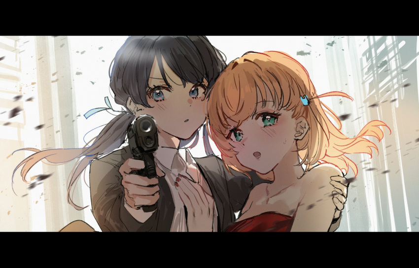 2girls :o aiming aiming_at_viewer alternate_costume aqua_eyes black_hair black_jacket blazer blue_eyes blue_ribbon chh_r collarbone collared_shirt crossed_bangs dress finger_on_trigger floating_hair gun hair_ornament hair_ribbon hand_on_another's_arm hand_on_another's_chest handgun highres hinoshita_kaho holding holding_gun holding_weapon jacket letterboxed link!_like!_love_live! long_hair looking_at_viewer love_live! low_twintails medium_hair motion_blur multiple_girls murano_sayaka open_clothes open_jacket open_mouth orange_hair parted_lips rabbit_hair_ornament red_dress red_nails ribbon shirt strapless strapless_dress sweatdrop twintails two_side_up virtual_youtuber weapon white_shirt
