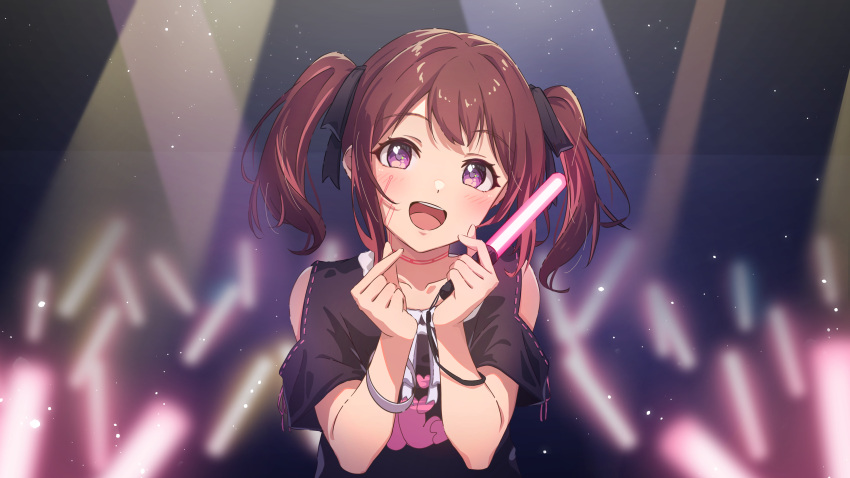 1girl absurdres bang_dream! blush bracelet character_request check_character clothing_cutout double_finger_heart finger_heart glowstick hair_ribbon heart heart_in_eye highres jewelry light_particles negoma54 open_mouth ribbon shoulder_cutout smile solo stage_lights symbol_in_eye toyama_kasumi twintails violet_eyes