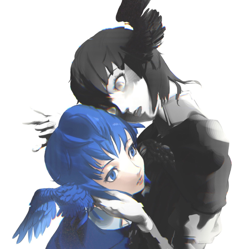 2girls 7enn bird_wings black_capelet black_hair blue_eyes blue_hair capelet colored_skin crazy_eyes expressionless feathered_wings final_fantasy final_fantasy_xiv glitch grey_eyes hand_on_another's_cheek hand_on_another's_face head_on_head head_rest head_wings heads_together highres looking_at_another meteion multiple_girls open_mouth parted_lips short_hair simple_background upper_body white_background white_skin wings