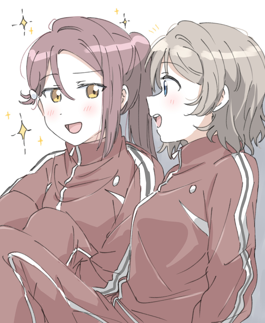 2girls absurdres alternate_hairstyle blue_eyes blush brown_eyes commentary_request grey_hair highres hugging_own_legs jacket long_hair long_sleeves looking_at_another love_live! love_live!_sunshine!! multiple_girls open_mouth pants ponytail red_jacket red_pants redhead sakurauchi_riko short_hair single_sidelock sitting sparkle teeth track_jacket upper_body upper_teeth_only watanabe_you yuchi_(salmon-1000)