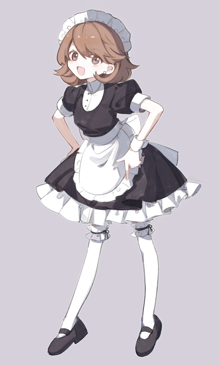 1girl absurdres apron black_dress black_footwear brown_eyes brown_hair collared_shirt commentary dress earrings frilled_hairband frilled_skirt frilled_thighhighs frills full_body grey_background hairband hands_on_own_hips highres jewelry juliet_sleeves light_blush long_sleeves looking_at_viewer maid maid_apron maid_headdress medium_hair official_alternate_costume open_mouth pearl_earrings persona persona_3 persona_3_reload pointing pointing_down puffy_short_sleeves puffy_sleeves shirt shoes short_sleeves skirt smile solo standing stud_earrings takeba_yukari thigh-highs weyiyuntfn white_hairband white_shirt white_thighhighs wrist_cuffs