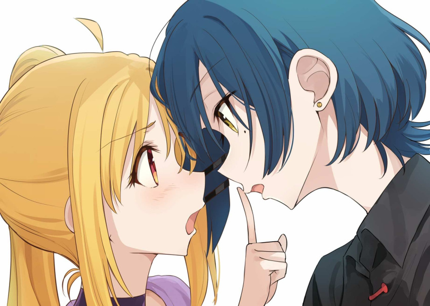 2girls ahoge black_shirt blonde_hair blue_hair bocchi_the_rock! collared_shirt commentary earrings eye_contact finger_to_another's_mouth hashtag-only_commentary highres ijichi_nijika jewelry kanaria_hisagi long_hair looking_at_another mole mole_under_eye multiple_girls open_mouth orange_eyes shirt short_hair side_ponytail sidelocks simple_background stud_earrings upper_body white_background yamada_ryo yellow_eyes yuri