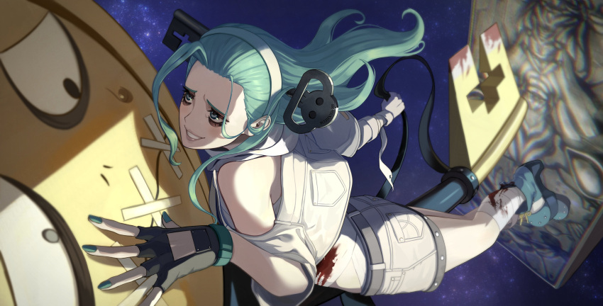 1girl a.b.a absurdres bags_under_eyes bandaged_chest bandages blood blood_on_bandages blush gate green_eyes green_hair guilty_gear guilty_gear_strive headband highres key key_in_head nail_polish object_through_head paracelsus_(guilty_gear) sach560070 smile space stitched_mouth stitches