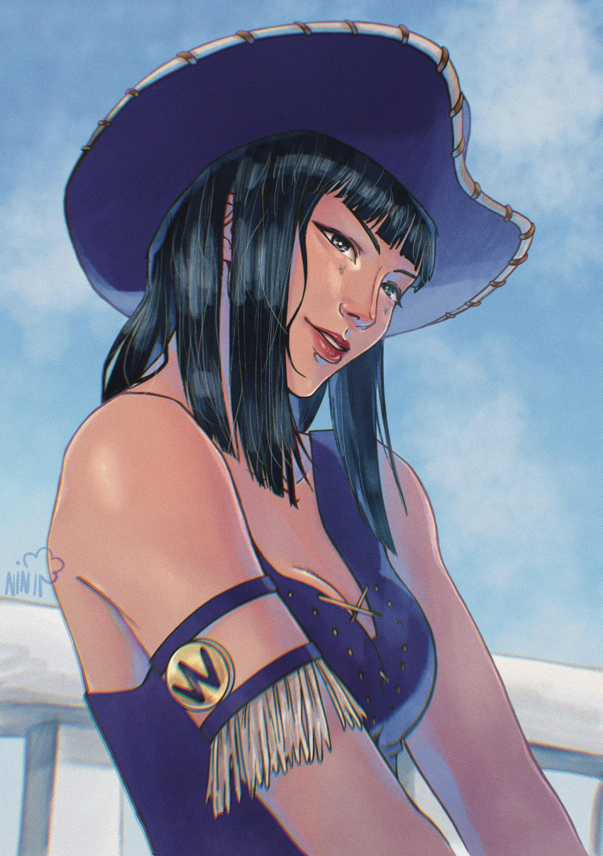 1girl armlet black_hair blue_eyes blue_sky blunt_bangs blunt_ends cowboy_hat cowboy_shot crop_top cross-laced_clothes cross-laced_top english_commentary hat highres light_smile looking_ahead medium_hair nico_robin ninarbreart one_piece purple_hat purple_shirt red_lips shirt signature sky sleeveless