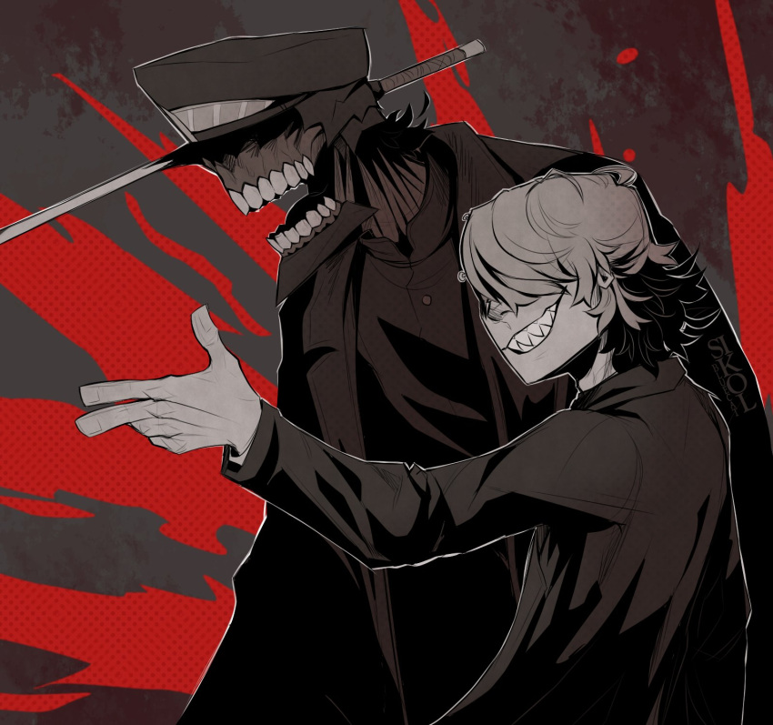 2boys black_hat black_suit chainsaw_man coat delinquent finger_gun hair_over_eyes hat highres jacket katana military_hat multicolored_background multiple_boys nail nail_fiend_(chainsaw_man) sharp_teeth sikolbluecat suit sword teeth transformation trench_coat weapon