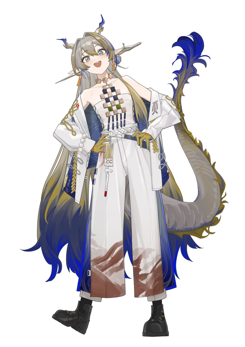 alter_sang arknights black_footwear blue_hair boots dragon_horns dragon_tail full_body gradient_hair grey_eyes grey_hair hands_on_own_hips highres horns long_hair looking_at_viewer multicolored_hair open_mouth pants shu_(arknights) simple_background standing tail teeth upper_teeth_only very_long_hair white_background white_pants
