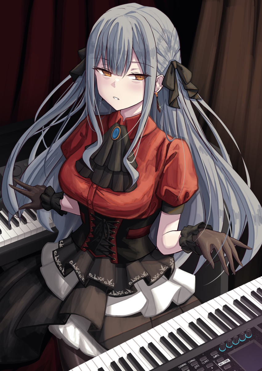 1girl absurdres ascot bang_dream! bang_dream!_it's_mygo!!!!! black_ascot black_corset black_gloves black_ribbon black_skirt blue_hair chin_gero collared_shirt commentary_request corset curtains earrings gloves highres indoors instrument jewelry keyboard_(instrument) long_hair looking_at_viewer music orange_eyes parted_lips playing_instrument playing_piano red_shirt ribbon shirt short_sleeves skirt solo togawa_sakiko two_side_up
