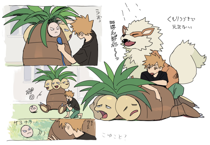 1boy arcanine barefoot black_shirt blue_oak blush_stickers commentary_request day exeggcute exeggutor grass green_pants highres holding male_focus miyage_no_nukegara multiple_views on_one_knee open_mouth outdoors pants pokemon pokemon_(creature) pokemon_sm shirt short_hair short_sleeves spiky_hair translation_request white_background