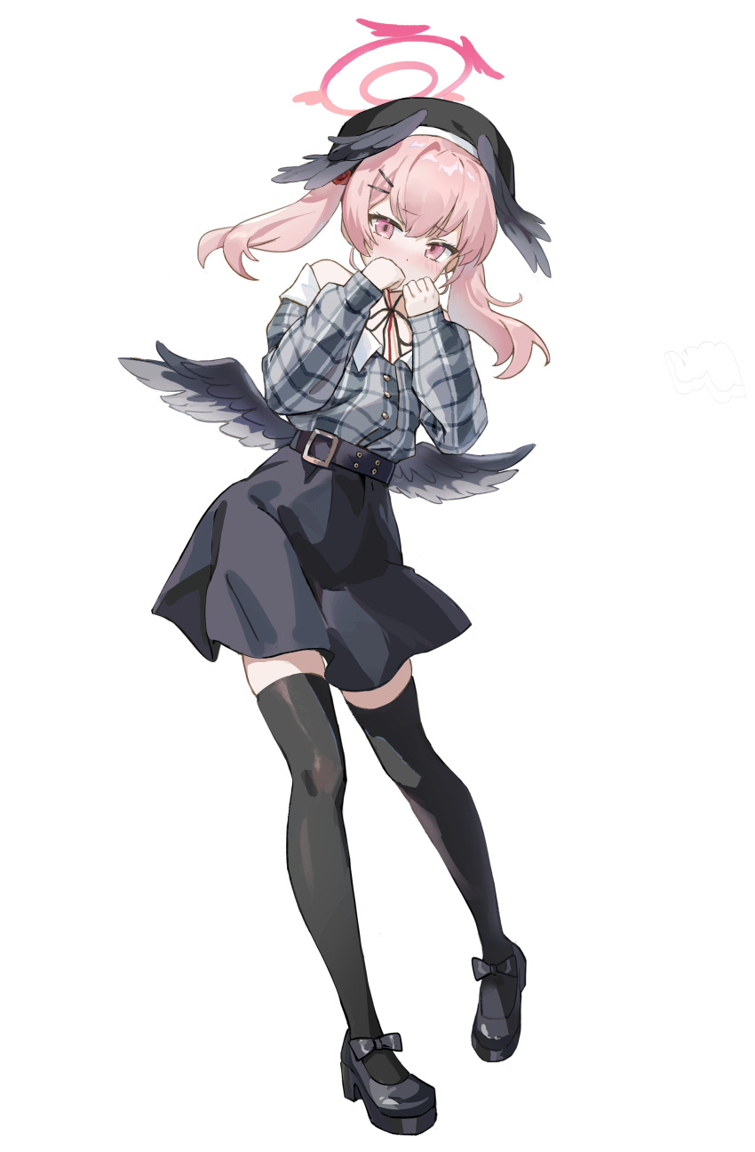 1girl absurdres alternate_costume belt black_belt black_beret black_footwear black_skirt black_thighhighs black_wings blue_archive blush commentary_request feathered_wings full_body grey_shirt halo hands_up head_wings highres koharu_(blue_archive) kuza_brs long_hair long_sleeves looking_at_viewer mini_wings pink_eyes pink_hair pink_halo shirt simple_background skirt solo standing thigh-highs twintails white_background wings