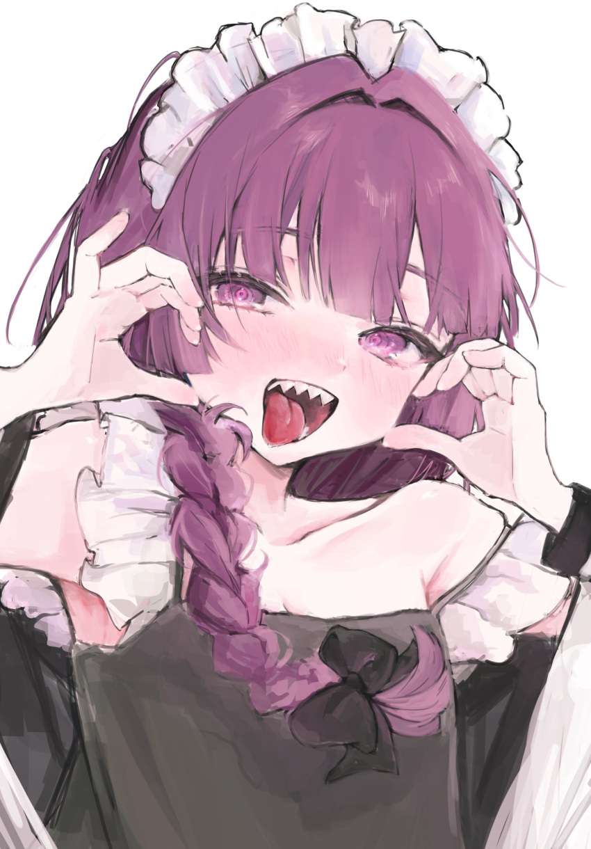 1girl blush bocchi_the_rock! braid dress flat_chest hair_over_shoulder highres hiroi_kikuri iq033 long_hair looking_at_viewer maid_headdress open_mouth purple_hair sharp_teeth simple_background sketch smile solo teeth tongue tongue_out upper_body violet_eyes white_background