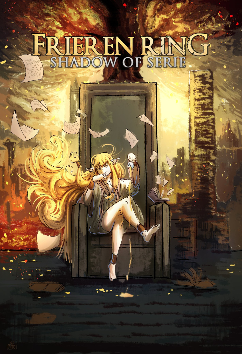 1girl barefoot blonde_hair book commentary cover elden_ring elden_ring:_shadow_of_the_erdtree elf english_commentary fake_cover feet full_body hair_tubes highres long_hair long_sleeves ononotsu open_book parody pointy_ears robe serie_(sousou_no_frieren) short_hair sidelocks sitting soles solo sousou_no_frieren throne toes very_long_hair very_short_hair video_game_cover white_robe yellow_eyes