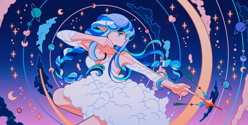 1girl absurdres archery blue_background blue_clouds blue_eyes blue_hair braid cloud_print clouds dress gradient_background highres in_orbit meyoco night night_sky original pink_clouds planet pointy_ears sky star_(sky) twin_braids white_dress