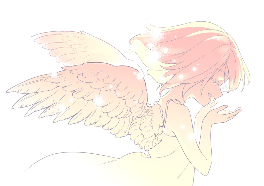 1girl angel angel_wings bare_shoulders bird_wings bloom bon_bon_eee dress eyelashes feathered_wings flat_chest floating_hair hair_down half-closed_eyes highres kagamine_rin light_particles limited_palette medium_hair open_hands skinny smile solo sparkle strap upper_body vocaloid wings